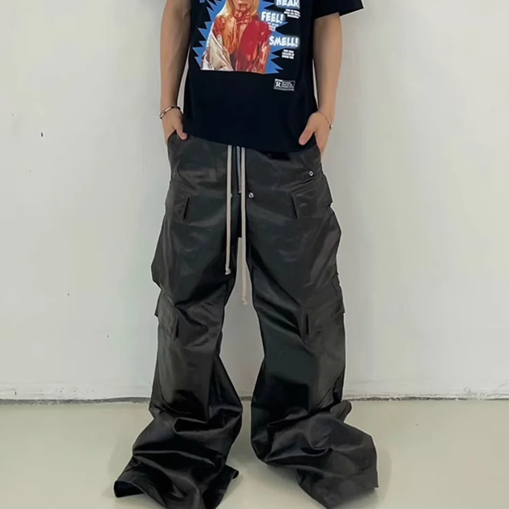ro style matte pu leather pants for men high street y2k pantalones hombre baggy overall wide leg drawstring cargo pants utility cargo pants