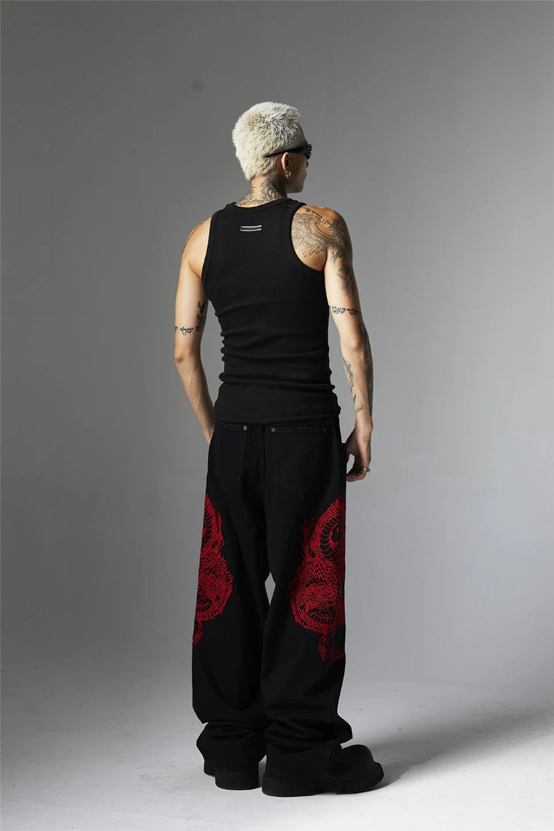 mens black baggy jeans dragon embroidered straight jeans streetwear hip hop loose trousers male luxury designer denim pants 1 unique jeans style 1796
