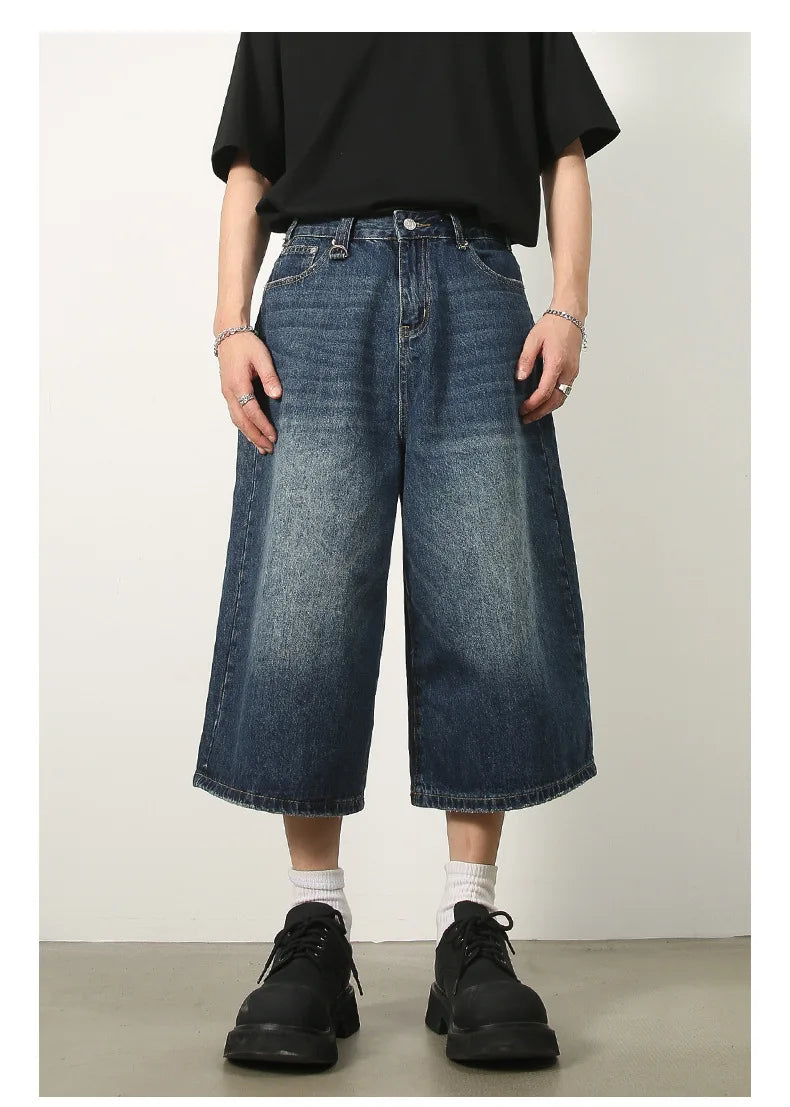 men summer streetwear fashion loose casual wide leg denim calf length jeans pants male vintage jeans baggy hosen pants unique jeans style 1488
