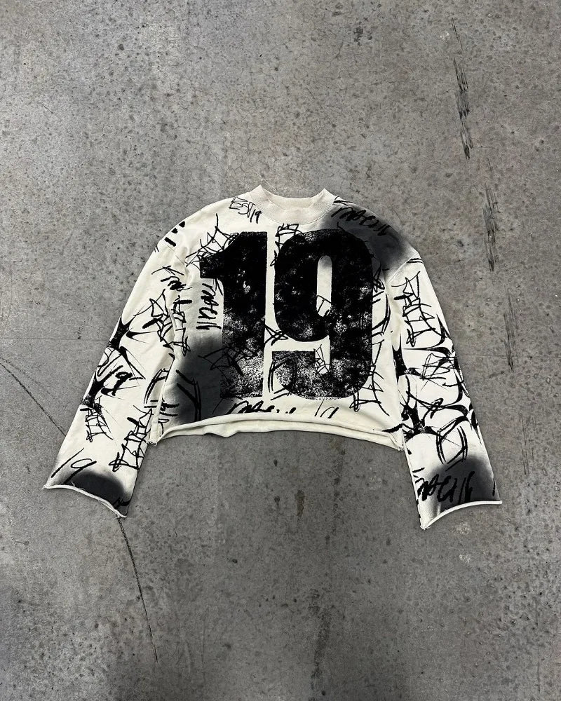 High Street Fashion Distressed Long-sleeved Pullover Men Y2k Harajuku Retro Hip-hop Rock Graffiti Style Oversized T-shirt Women