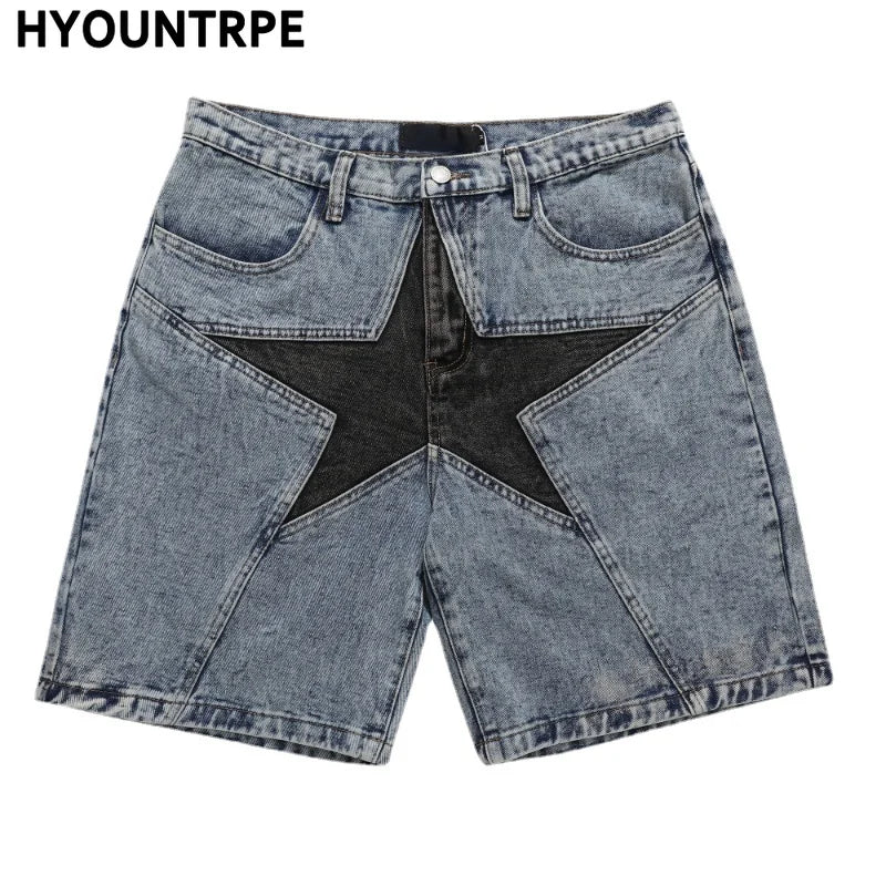 hip hop loose denim shorts pants fashion patchwork stars half pant men summer casual zipper streetwear short joggers men shorts casual joggers