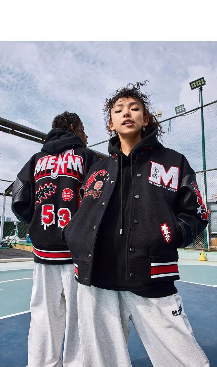 leather varsity coat, fall winter style, men's streetwear fashion, oversized urban jacket, high quality cold-weather coat