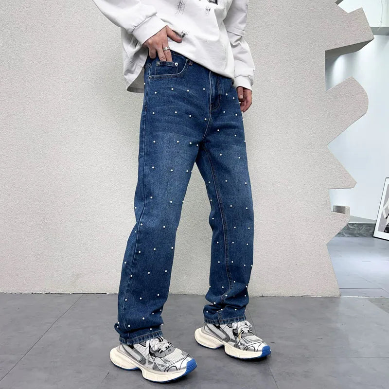 men bead streetwear fashion hip hop vibe loose casual wide leg straight denim jeans baggy pant man boyfriend jeans trousers vintage washed jeans