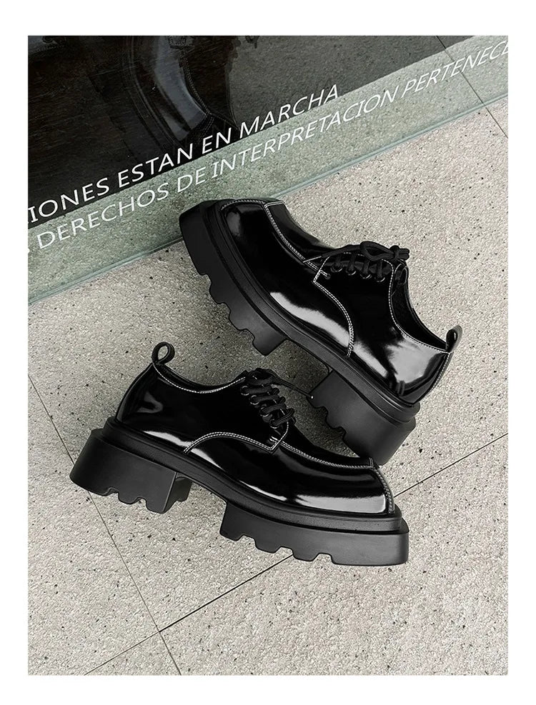 Men Streetwear Dark Black Fashion Thick Sole Platform PU Leather Casual Luxury High Street Increase Square Derby Shoes Man
