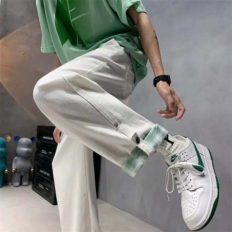 autumn plaid cuffs wide leg jeans for men high street fashion straight denim pants mujer elastic y2k baggy blue jean trousers ripped baggy denim