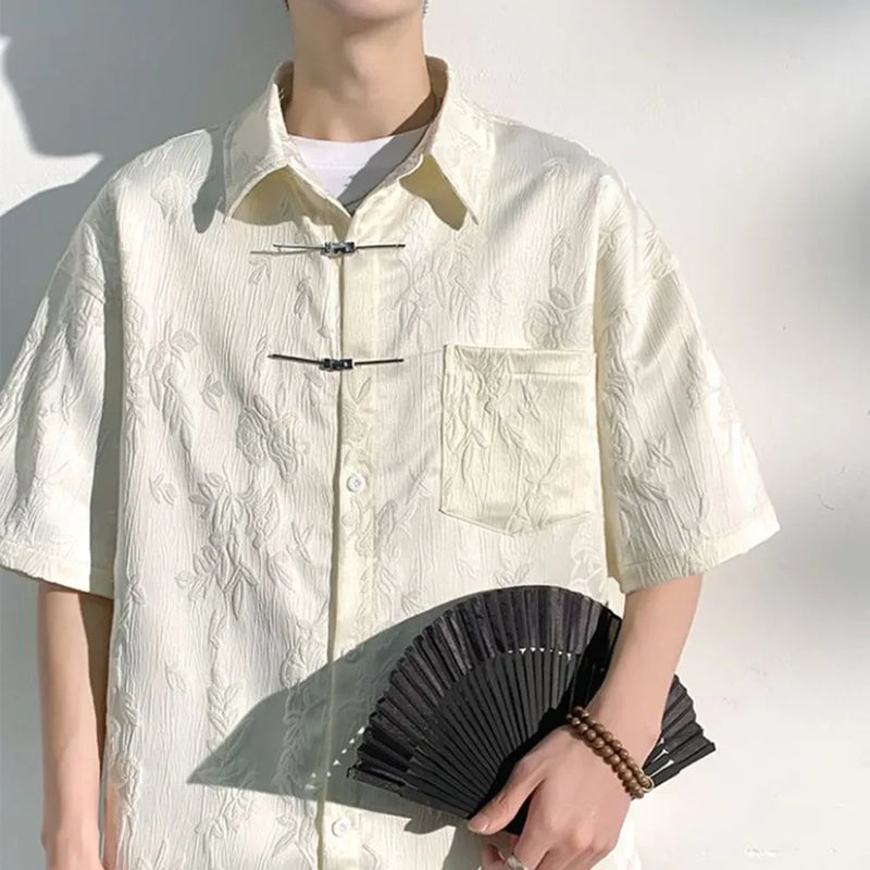 Mens Chinese Loop Buckle Jacquard Design Shirt Daily Casual Personality Versatile Loose Short-sleeve Tops Unisex 2024 Summer