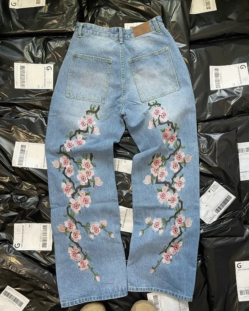 new streetwear jeans for men cherry blossom pattern y2k baggy jeans men harajuku punk straight casual low rise denim trousers unique jeans style 657