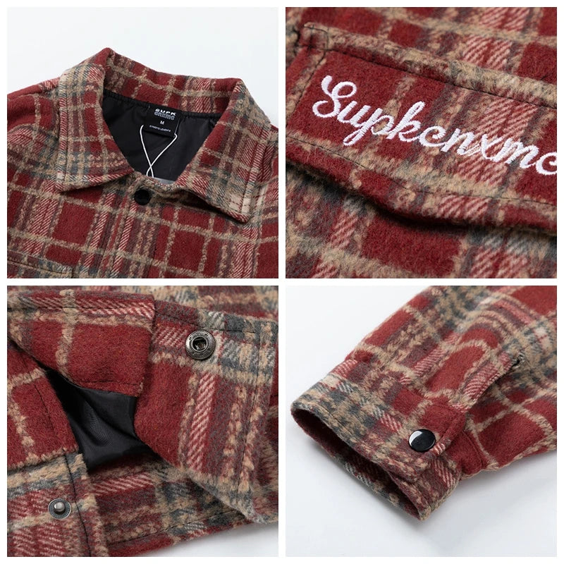 Autumn and Winter New Lattice Embroidery Woolen Jacket Shirt Japanese Retro Plaid Casual Loose Long Sleeved Jackets Coats