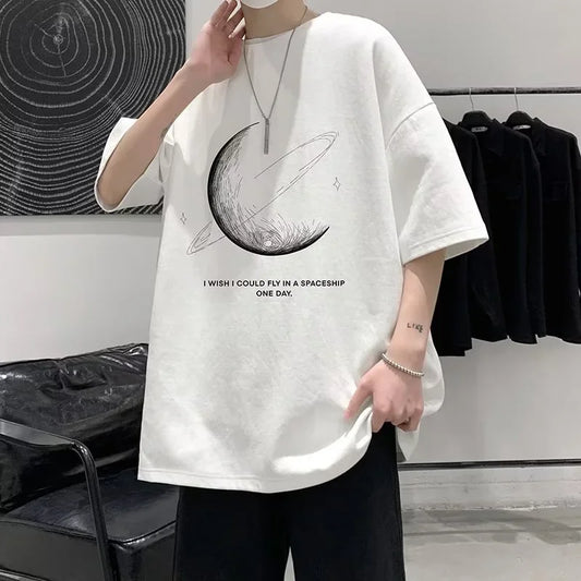 Harajuku Graphic tee – Moon Letter Printed Cotton Short Sleeve T Shirts Mens Summer
