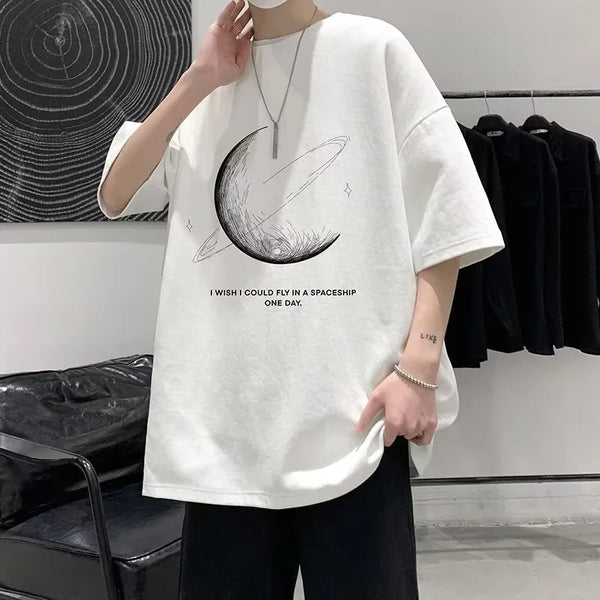 Harajuku Graphic tee – Moon Letter Printed Cotton Short Sleeve T Shirts Mens Summer