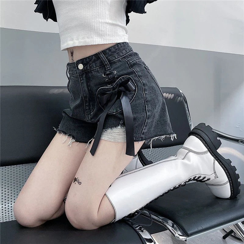 high waist women denim shorts summer fashion bow loose shorts korean casual female streetwear all match ripped pants unique jeans style 1304