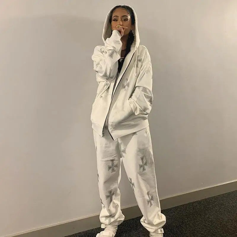 Men Women Cross Rhinestone Coat Leisure Hoodies Oversized Zip Up Hoodi