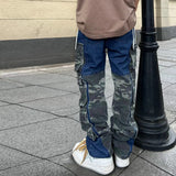 street wear camouflage patchwork cargo flared jeans harajuku unisex functional side multiple pockets camou jeans pants baggy multi-pocket cargos