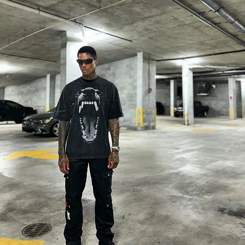 y2k manga graphic tee with oversized cartoon glitch print
