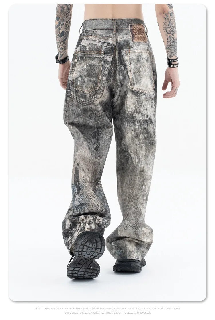 Autumn and winter 2024 new digital printed camo splash ink baggy jeans