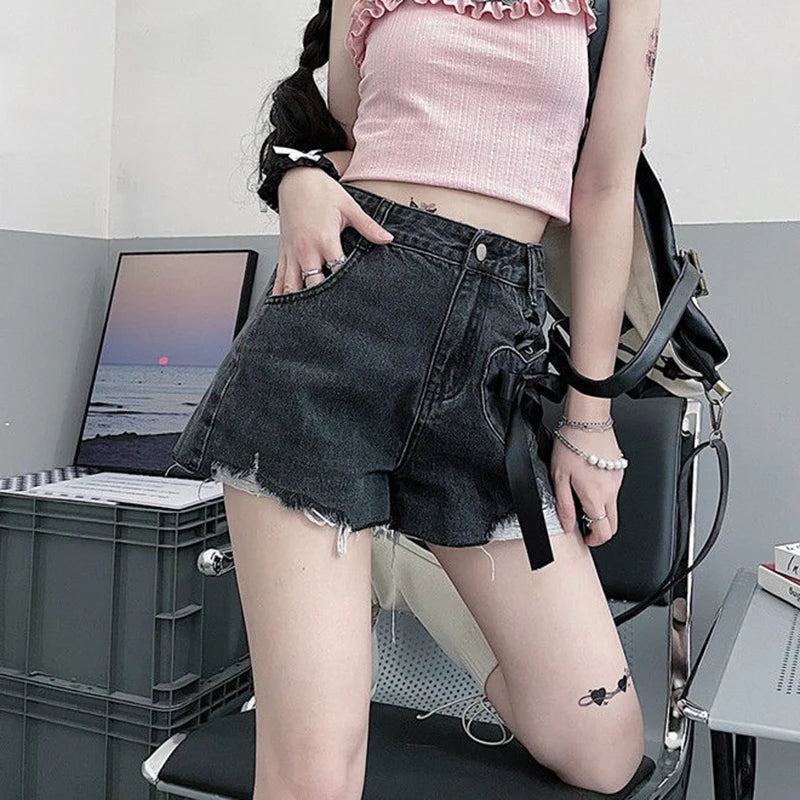 high waist women denim shorts summer fashion bow loose shorts korean casual female streetwear all match ripped pants unique jeans style 1306