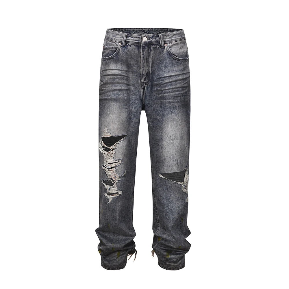 distressed frayed hole washed baggy jeans pants unisex pantalones hombre streetwear y2k straight casual denim trousers oversized unique jeans style 5879