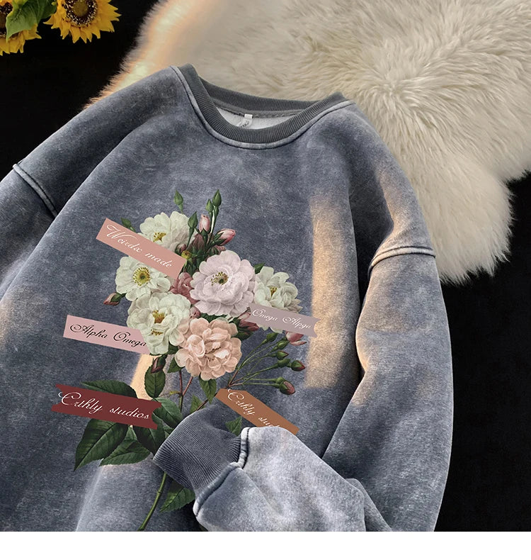 Vintage Floral Graphic Men Sweatshirt Spring Autumn Gothic Round Neck Pullover Hip Hop Streetwear Y2k Sweatshirts