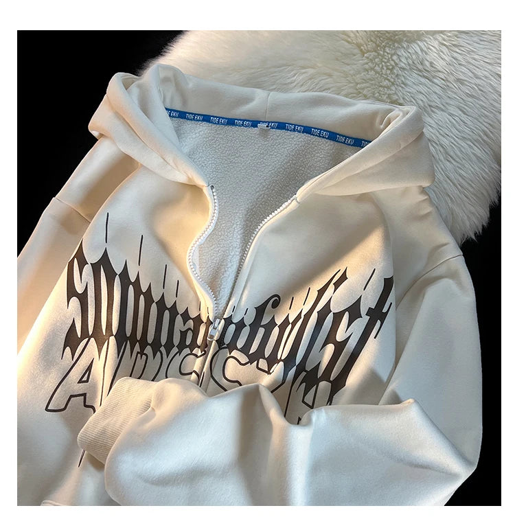 Y2K Kawaii Devil Horn Tail Hip Hop Badge Print Hoodies Cardigan Couple