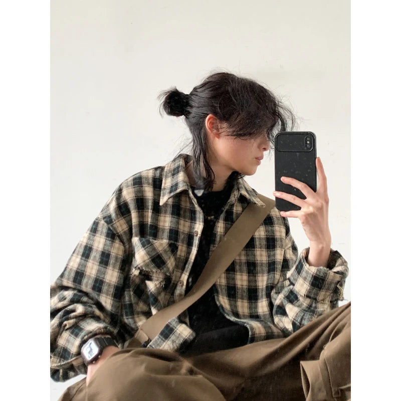 japanese college mens sets rough edge embroidery plaid shirt jackets big pocket retro cargo pants 2 pcs 2024 new casual suits combat utility trousers