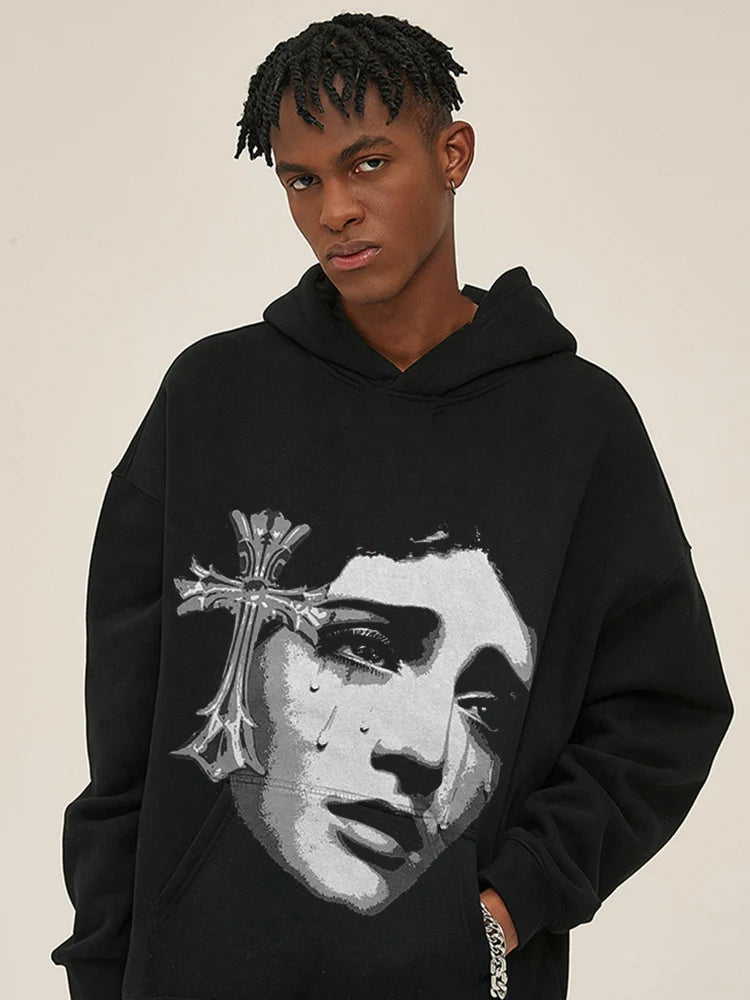 Retro Y2K hoodie with glitch and pixel designs