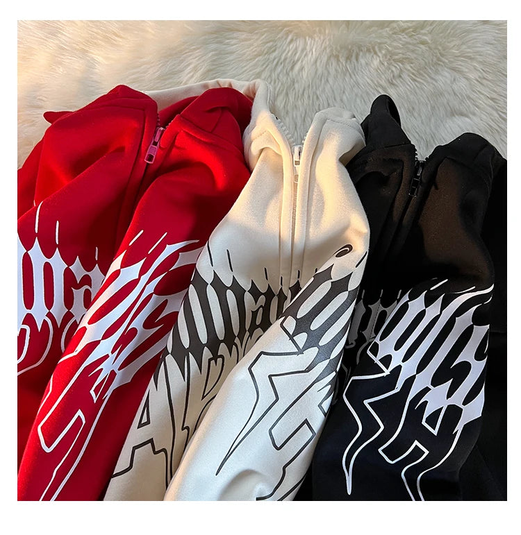 Y2K Kawaii Devil Horn Tail Hip Hop Badge Print Hoodies Cardigan Couple