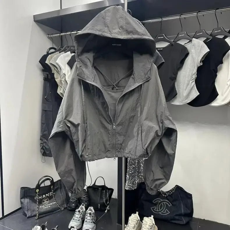 Korean Fashion Crop Jacket Women Black Windbreaker Jacket Casual Overs