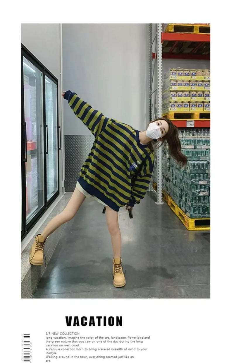 Original Korean New Style Loose Striped Sweatshirt American Harajuku C