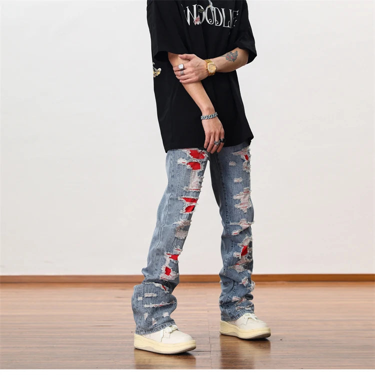 men distressed ripped destroied denim jean pants new fashion patchwork biker jeans streetwear flare pants jogger y2k men s jeans unique joggers style 3283