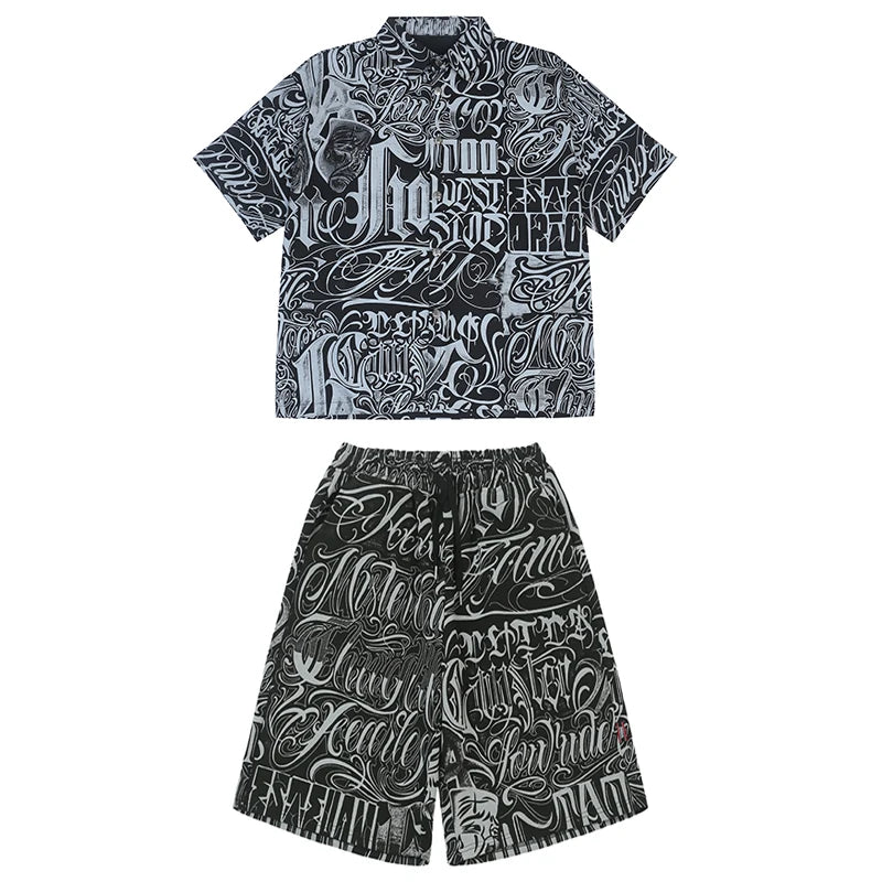 2 pieces sets mens fashion harajuku printed single breasted shirts and drawstring capris short pants joggers new streetwear sets casual joggers