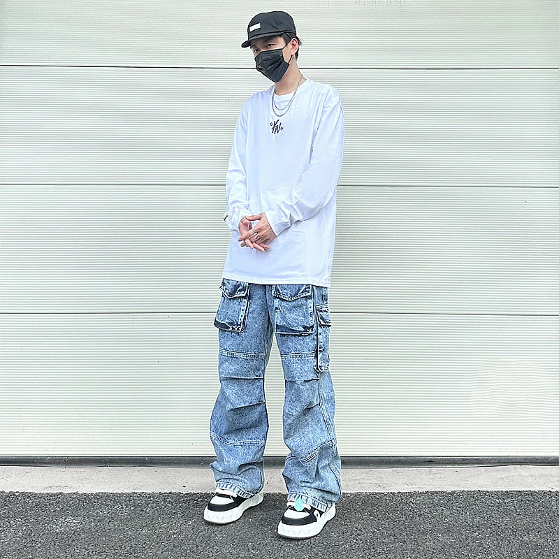 fashion loose streetwear cargo denim jeans unisex casual multi pocket wide legs jean pants hip hop joggers mens baggy jeans unique joggers style 2972