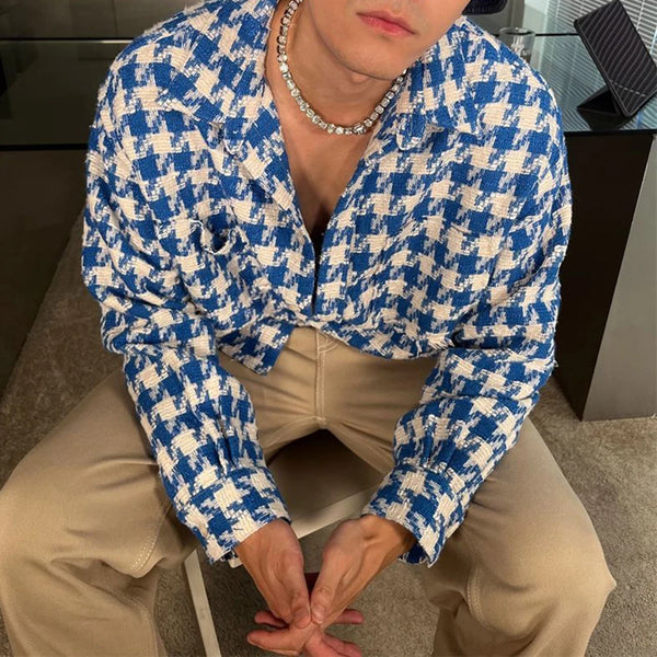 2024 Spring New Simple Versatile Fashionable Blue Houndstooth Woolen Shirt Style Genderless Casual Unisex Long-Sleeved Shirt