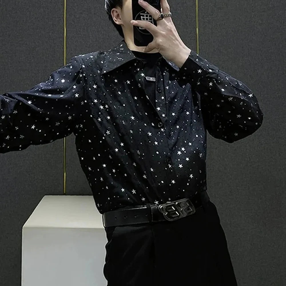 Mens Shirts Night Sky Print Shirts Summer Streetwear Light Breathable Campus Performance Long Sleeve Tops Men'S Clothing 2024