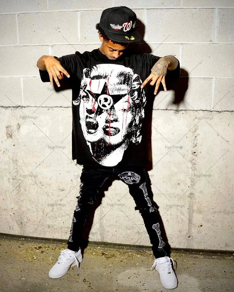 Skatercore Streetwear top – 2024 Summer American High Street Portrait Print Oversized Sh