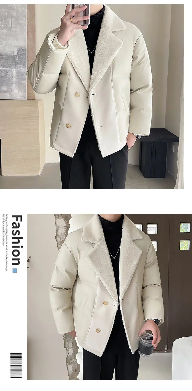 Men Winter Faux Fur Collar Splice Leather Business Casual Cotton-padded Jacket Streetwear Fashion Loose Leather Parka Coat