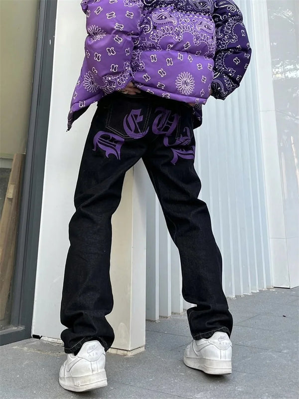 y2k retro sanskrit black jeans street casual pants punk male hip hop print loose harajuku mens straight pants ins hot sale urban skinny jeans