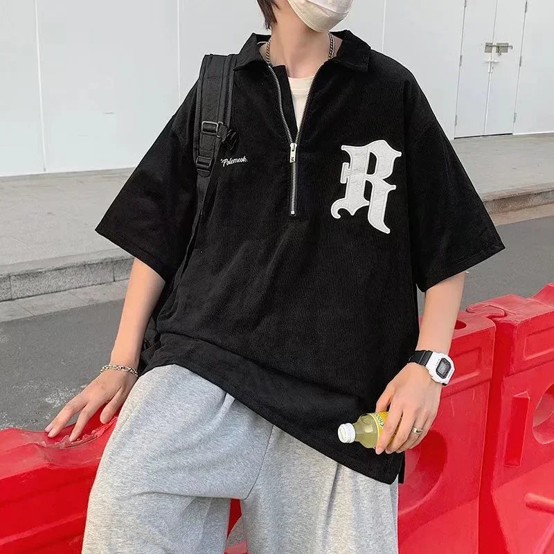 Glitchcore Barcode glitch – Korean Fashion Embroidery Polo T Shirt High Street Short Sle