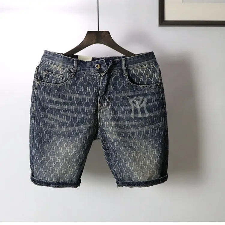 european and american fashion brand cowboy middle pants mens five point shorts non fading washed printed denim shorts unique jeans style 2074