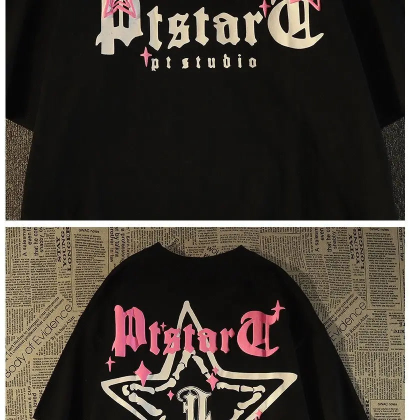 Glitchcore Chrome logo – Pure Cotton American Retro High Street Star Short Sleeved T