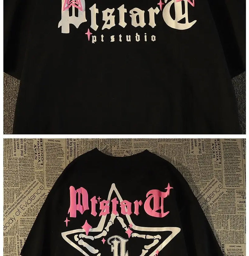 Glitchcore Chrome logo – Pure Cotton American Retro High Street Star Short Sleeved T