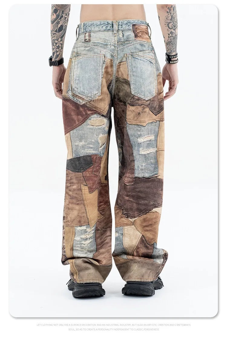 2024 autumn and winter new stitching ripped jeans