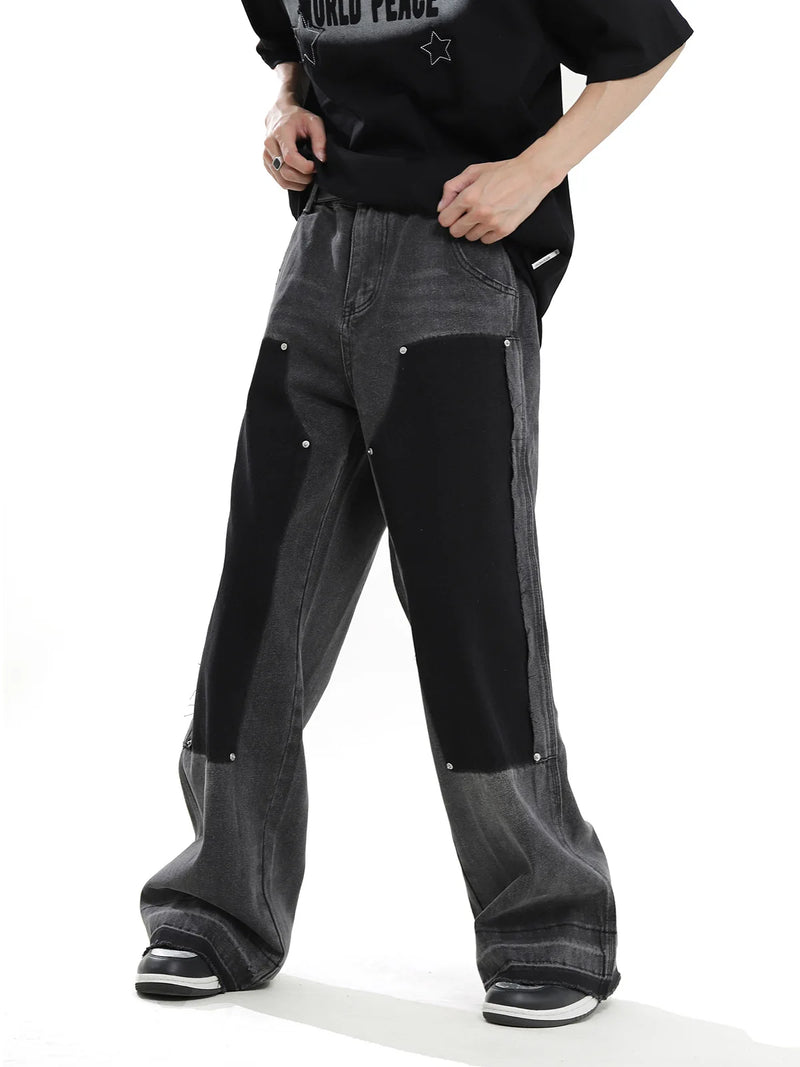 hip hop graffiti black wide leg jeans mens vintage distressed patches ink splashed jeans y2k logging cargo denim trousers women unique cargo style 4504