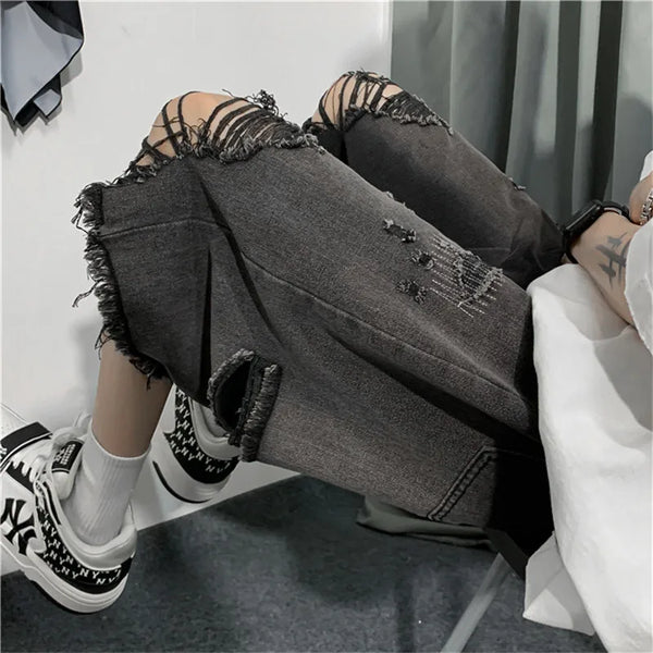 New Style Ripped Denim Shorts Men's Clothing 2024 Summer Five-point Korean Casual Youth Straight Trousers Boutique Clothing