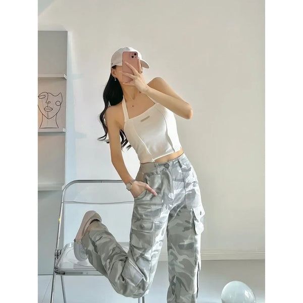 camouflage grey cargo pants women american vintage streetwear straight loose summer hiphop hot pants ins cargo pants womens 2023 combat utility trousers