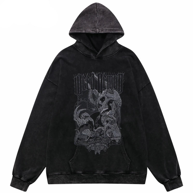 Hip Hop Streetwear Hoodie Sweatshirt Washed Vintage Devil Skull Skelet