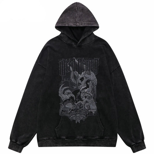 Hip Hop Streetwear Hoodie Sweatshirt Washed Vintage Devil Skull Skelet