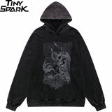 Hip Hop Streetwear Hoodie Sweatshirt Washed Vintage Devil Skull Skelet