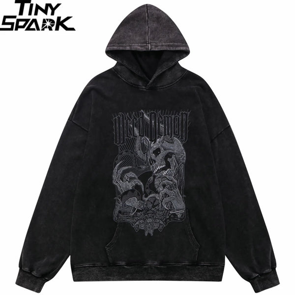 Hip Hop Streetwear Hoodie Sweatshirt Washed Vintage Devil Skull Skelet