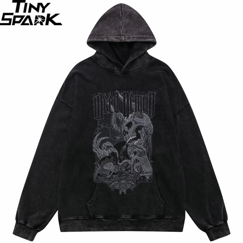 Hip Hop Streetwear Hoodie Sweatshirt Washed Vintage Devil Skull Skelet