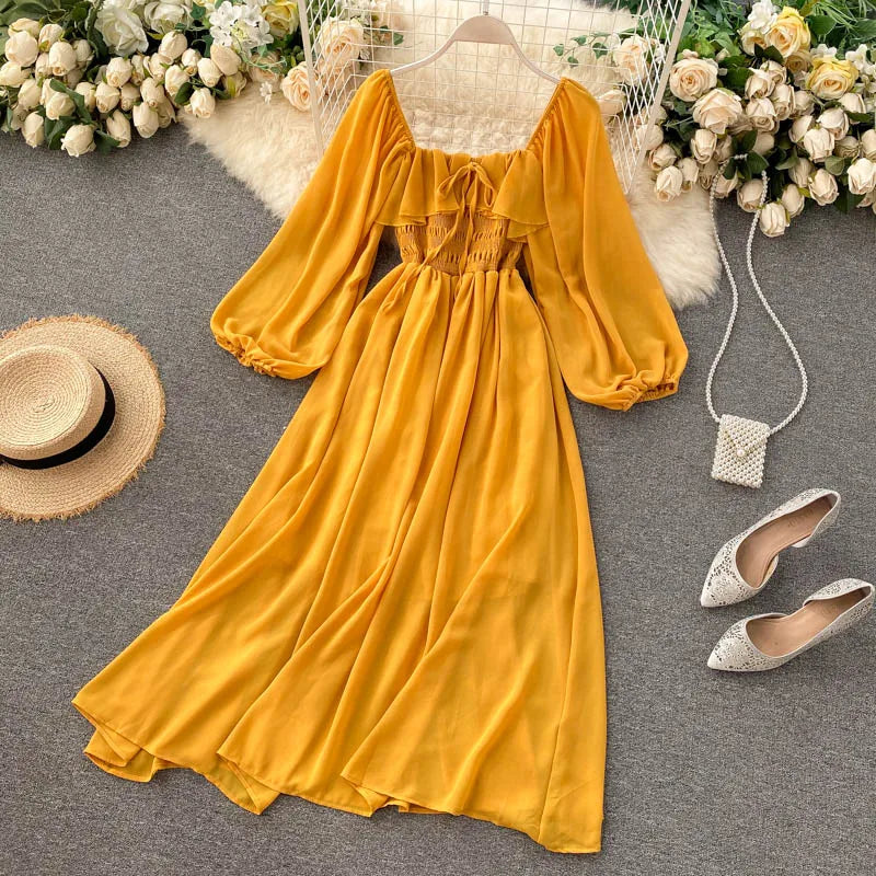 Chic Elegant Square Collar Maxi Dress Women Solid Chiffon Puff Sleeve Dresses 2023 Korean Fashion Vintage Ruffle Vestidos